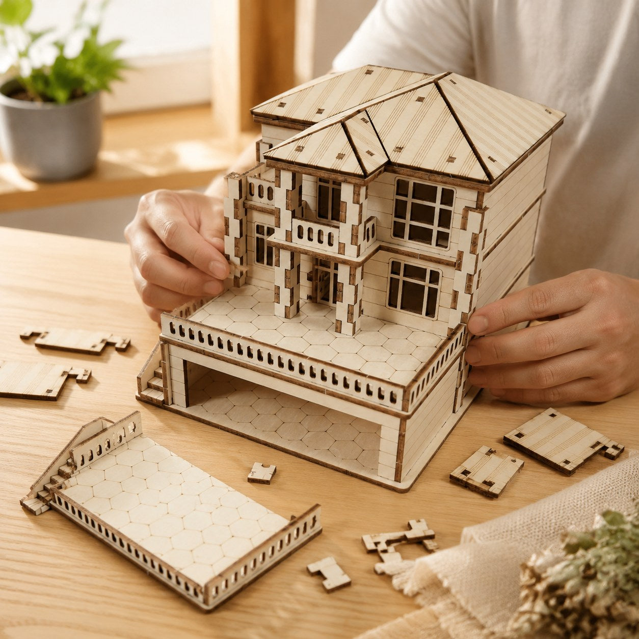 Adult hands assembling the Modern Villa 3D wooden puzzle