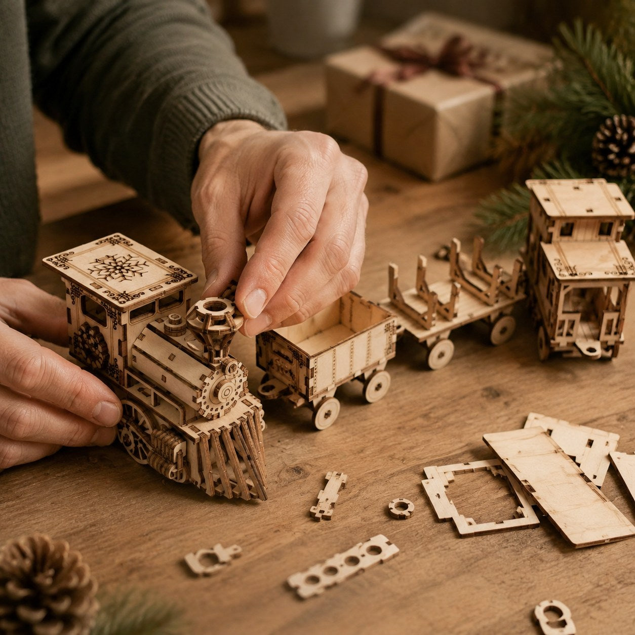 Adult hands assembling the wooden holiday train puzzle