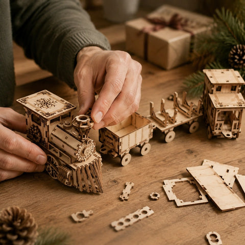 Adult hands assembling the wooden holiday train puzzle