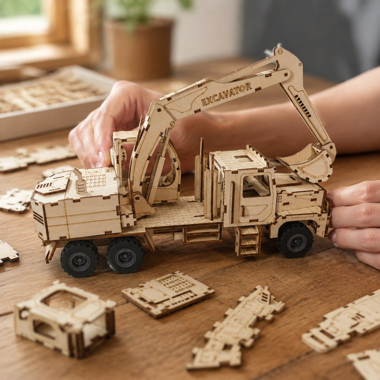 Building the wooden excavator truck model on a workbench