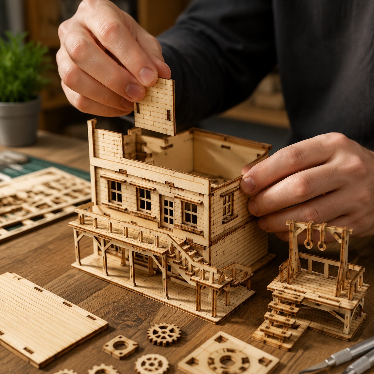 Adult assembling the wooden Wild West bank model