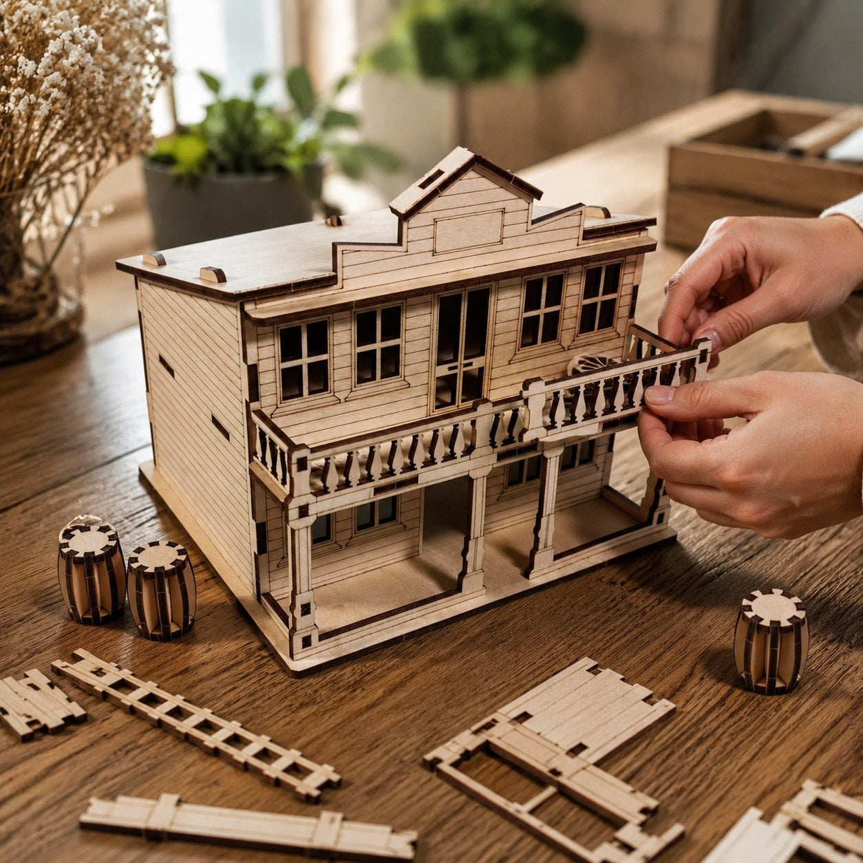 Adult hands building the Wild West Saloon wooden model on a workbench