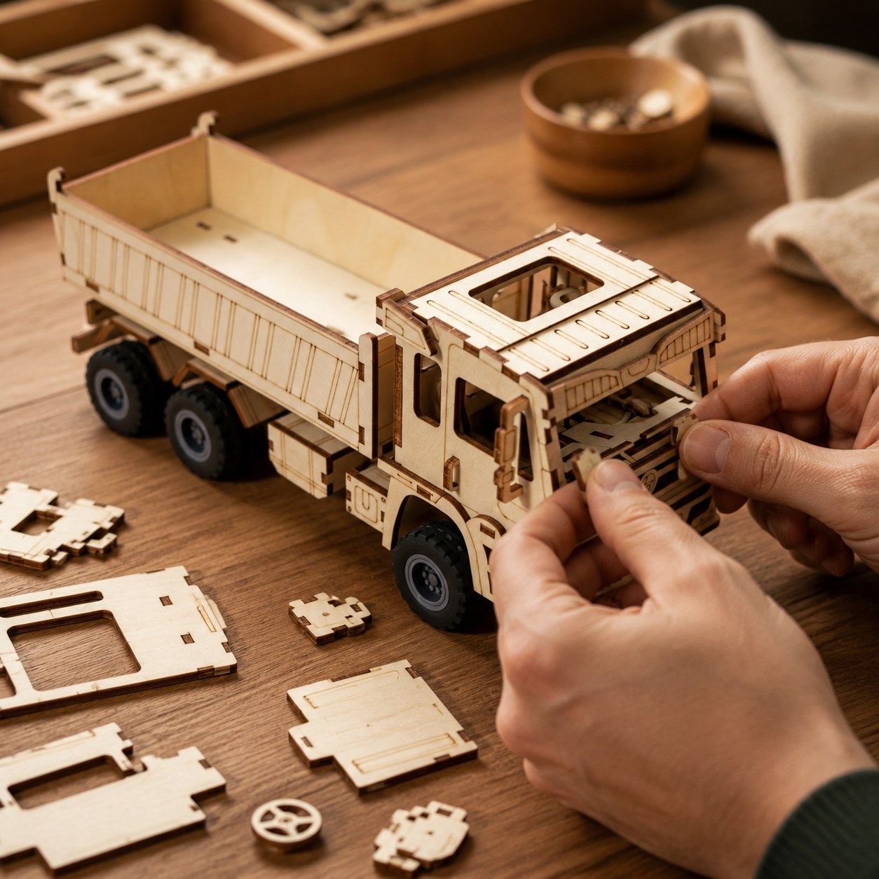 Adult hands assembling the wooden dump truck model