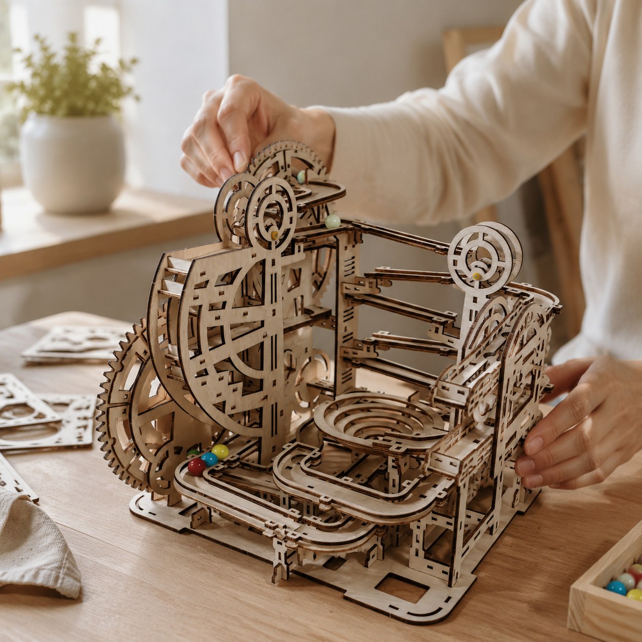 Person assembling the wooden marble run puzzle