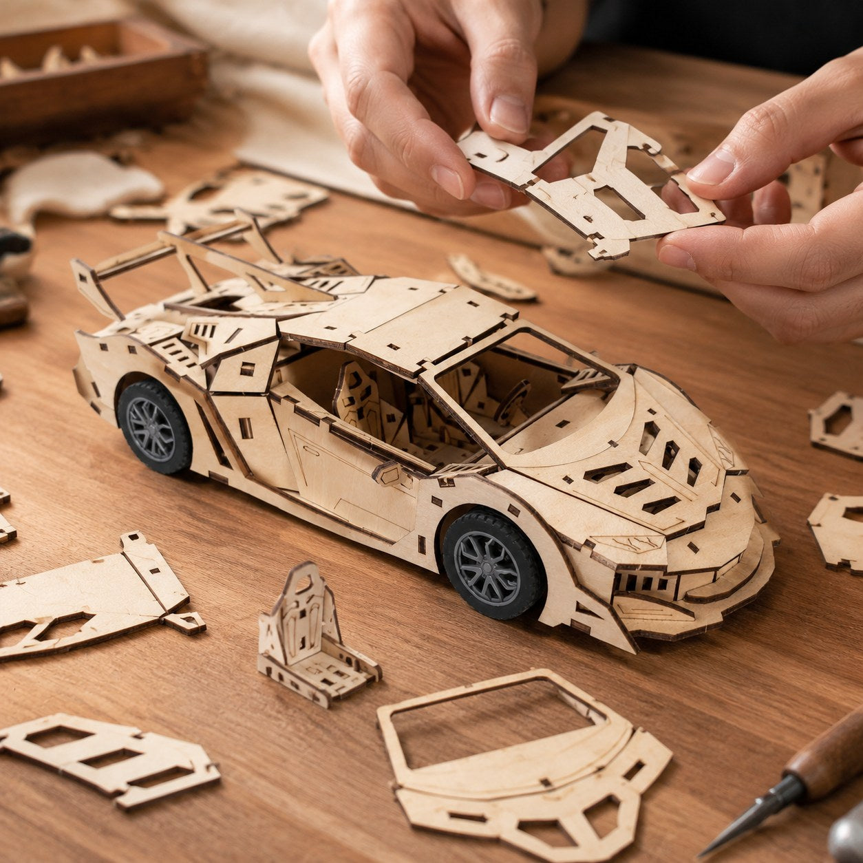 Adult assembling the wooden supercar model on a workbench