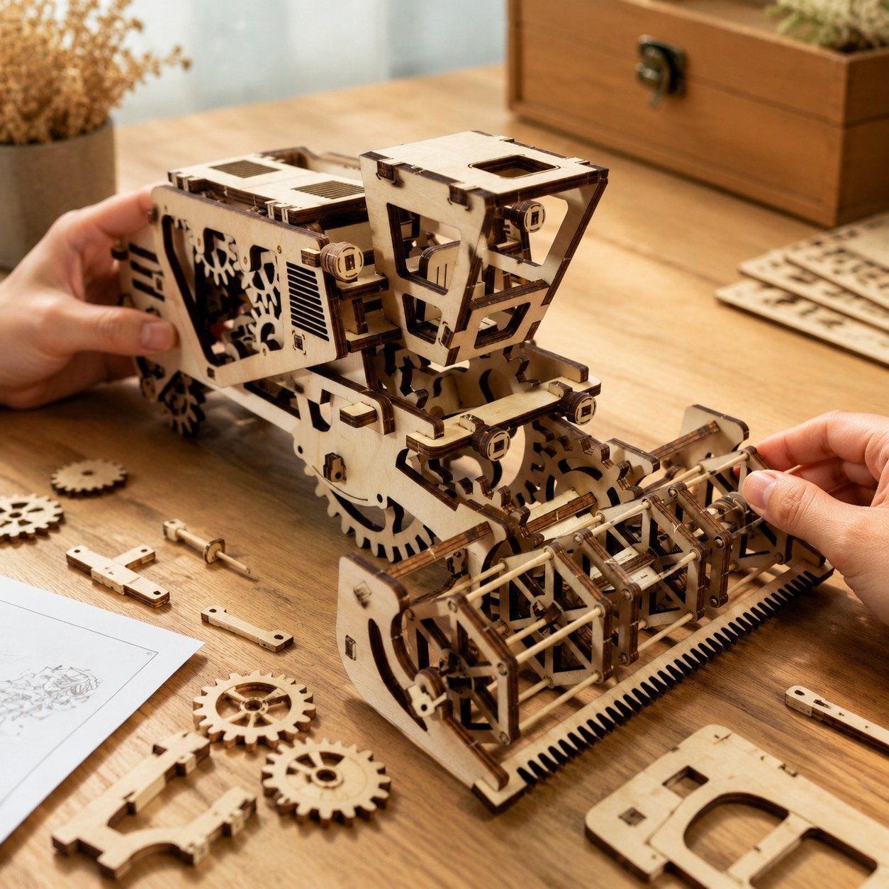Person assembling the Mechanical Combine Harvester 3D Wooden Puzzle