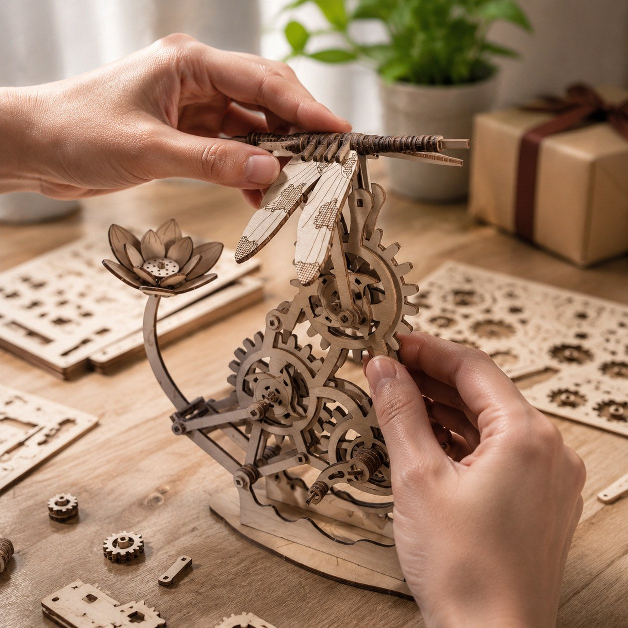Adult hands assembling the mechanical dragonfly wooden model kit