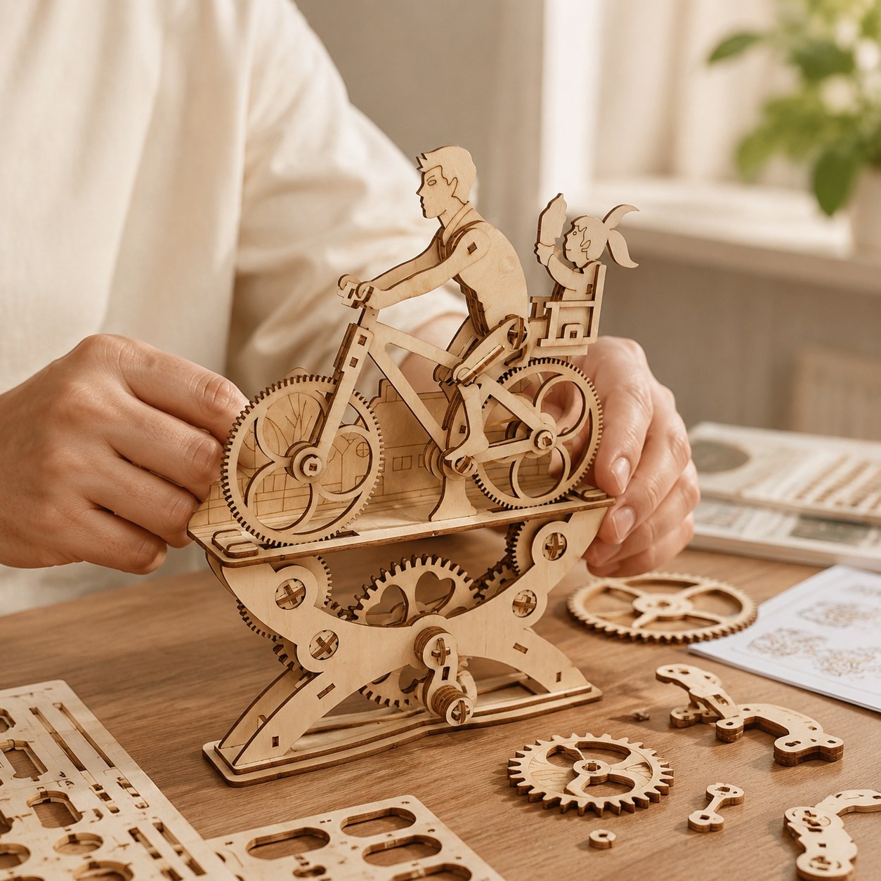 Person assembling the wooden bicycle automaton model on a workbench