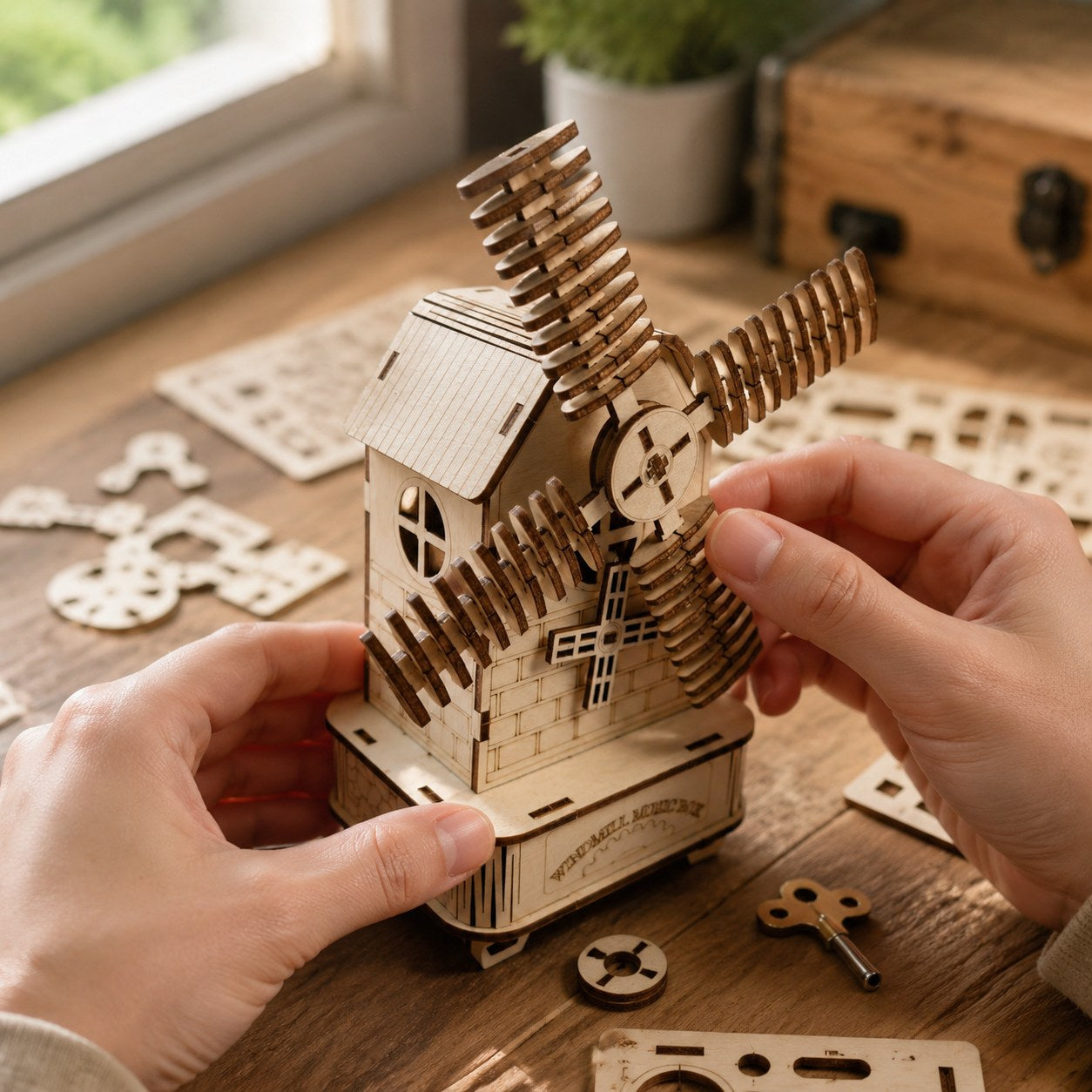 Adult hands assembling the wooden windmill music box puzzle on a workbench