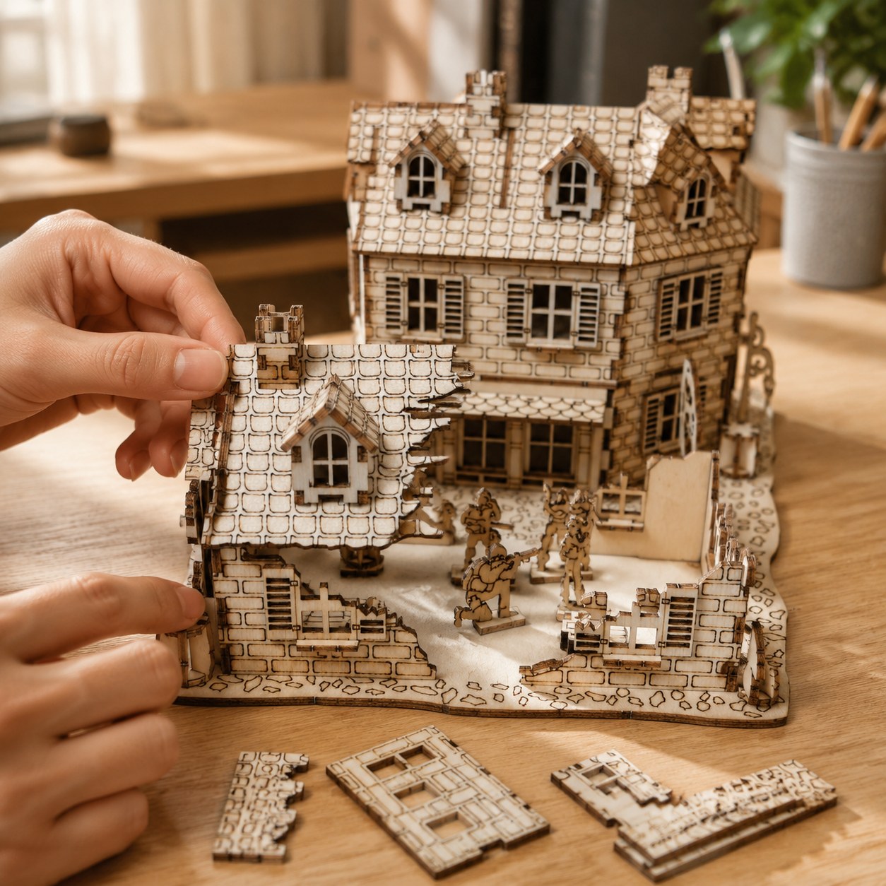 Hands assembling the Urban Warfare Diorama wooden model kit