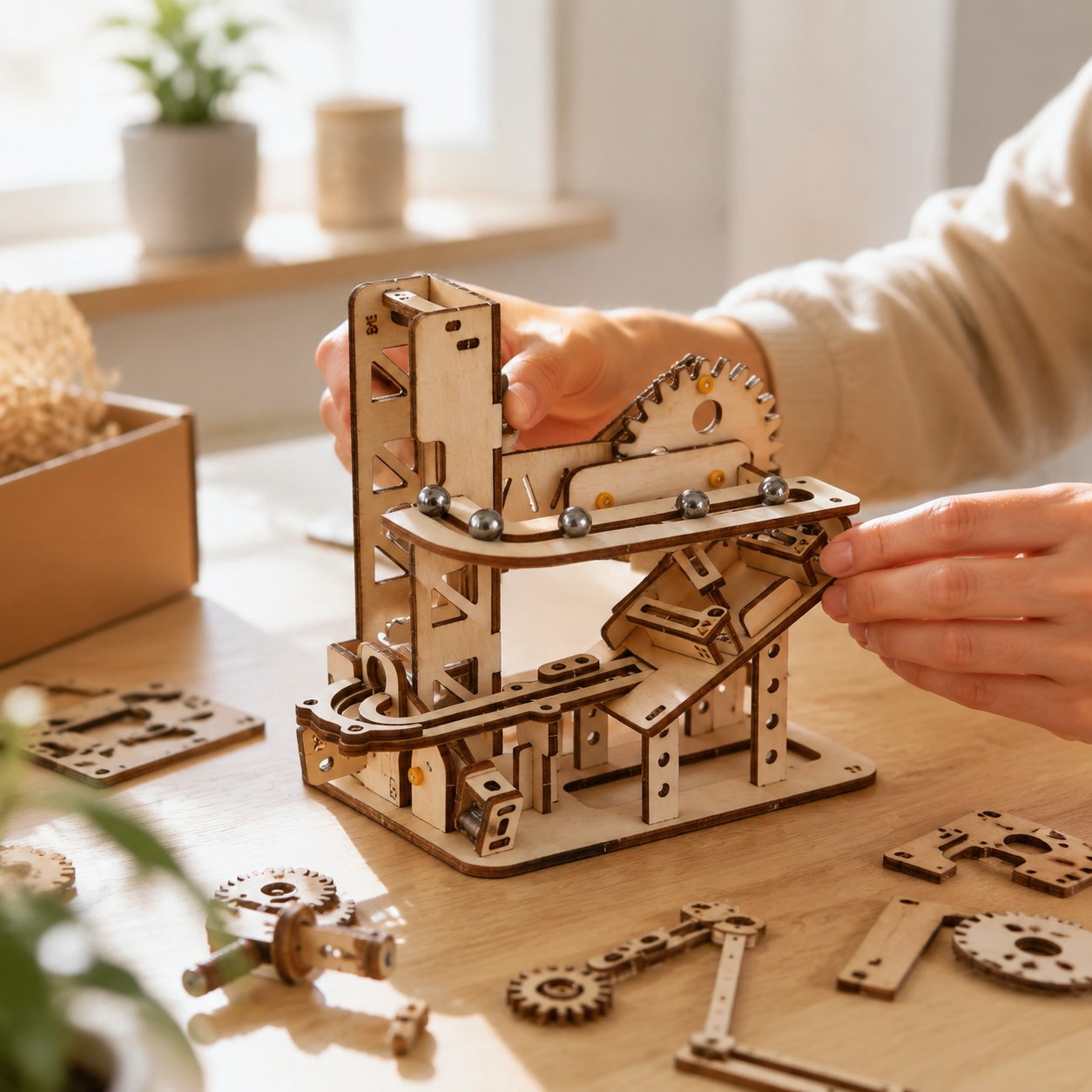 Adult assembling the wooden marble run gears on a workbench