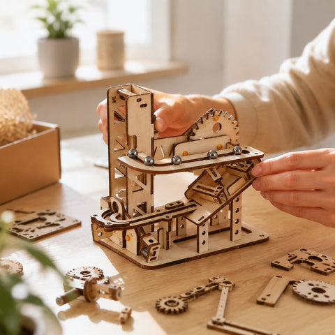 Adult assembling the wooden marble run gears on a workbench
