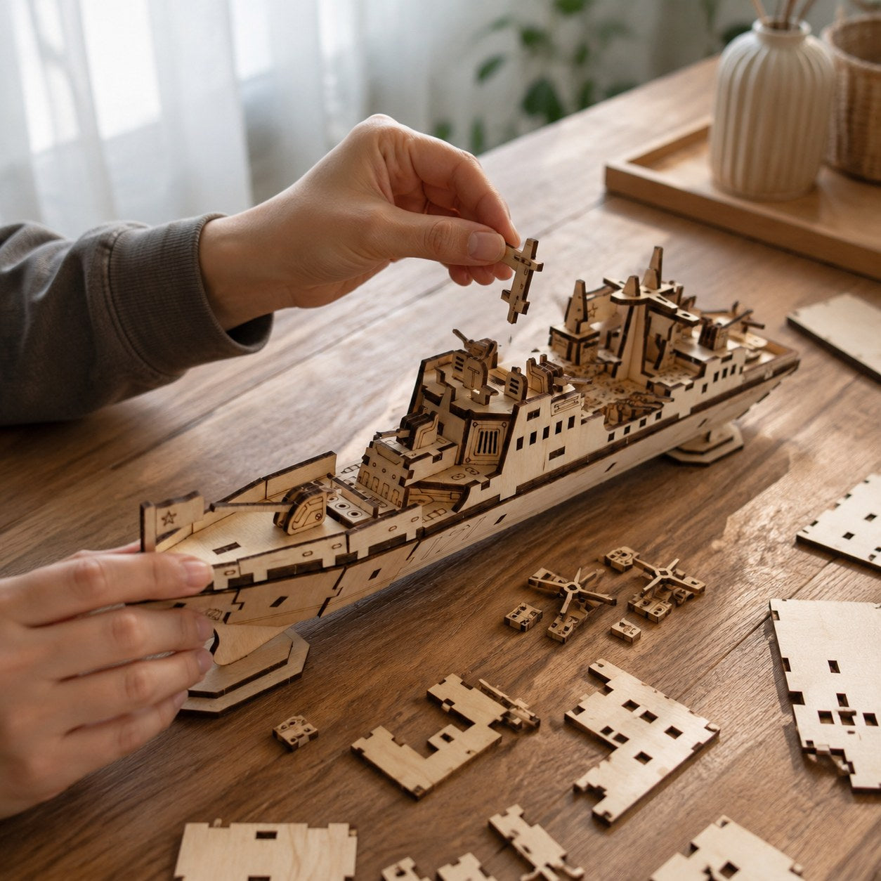 Adult hands assembling a wooden warship model kit on a workbench