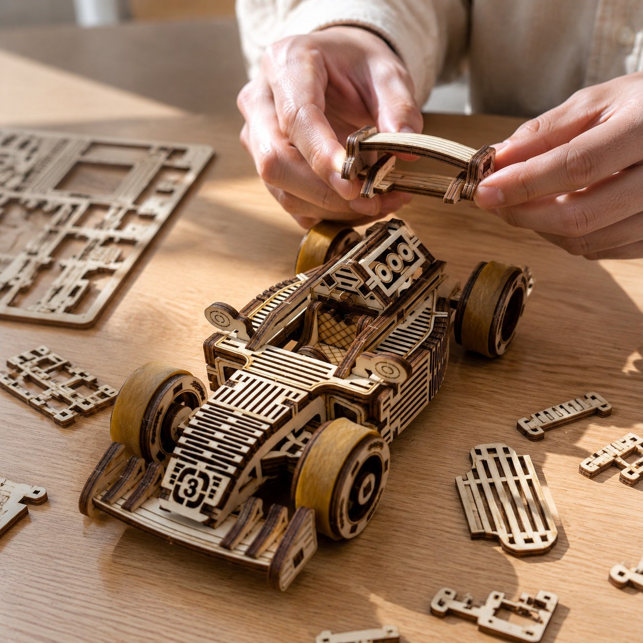 Person assembling the wooden race car 3D puzzle on a workbench