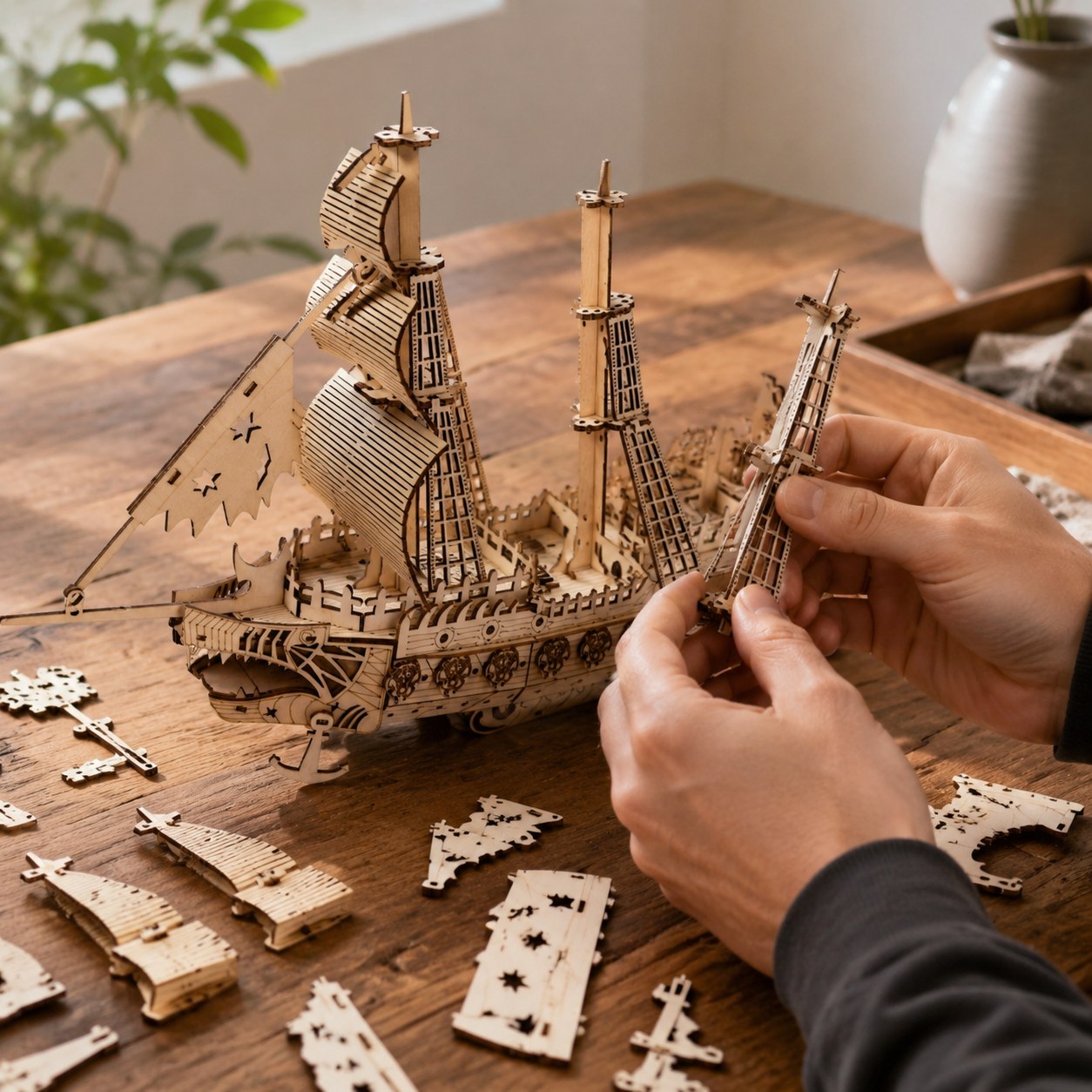Adult assembling the wooden pirate ship puzzle on a workbench