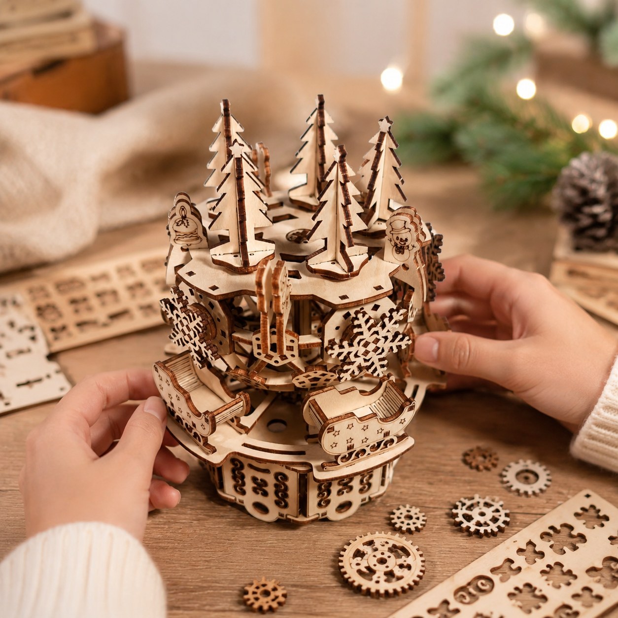 Person assembling the wooden Christmas carousel puzzle