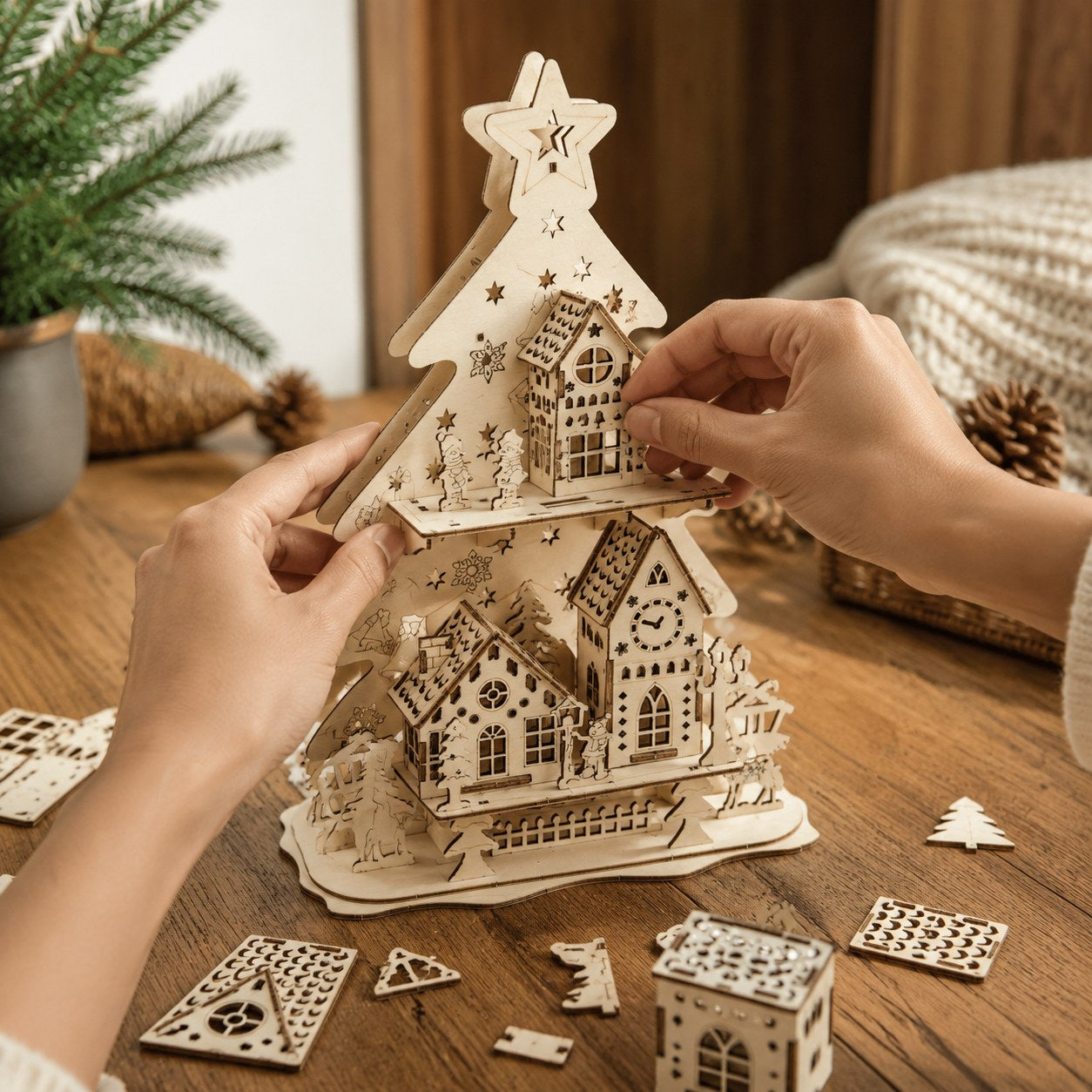 Adult hands assembling the wooden Christmas tree puzzle on a workbench