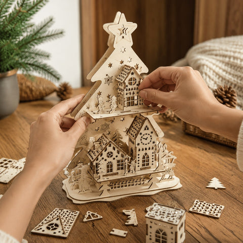 Adult hands assembling the wooden Christmas tree puzzle on a workbench