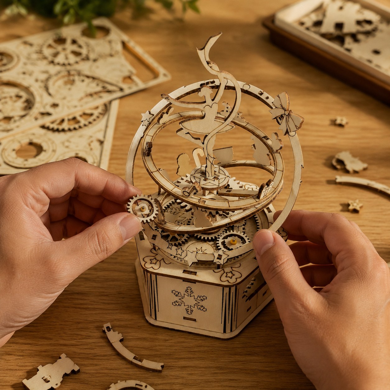 Adult hands assembling the Jigden 3D wooden mechanical music box on a workbench