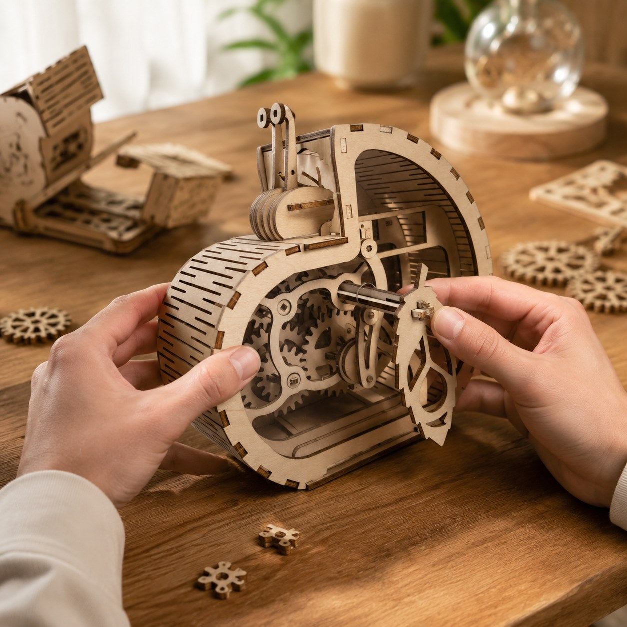 Hands assembling the wooden snail coin bank puzzle
