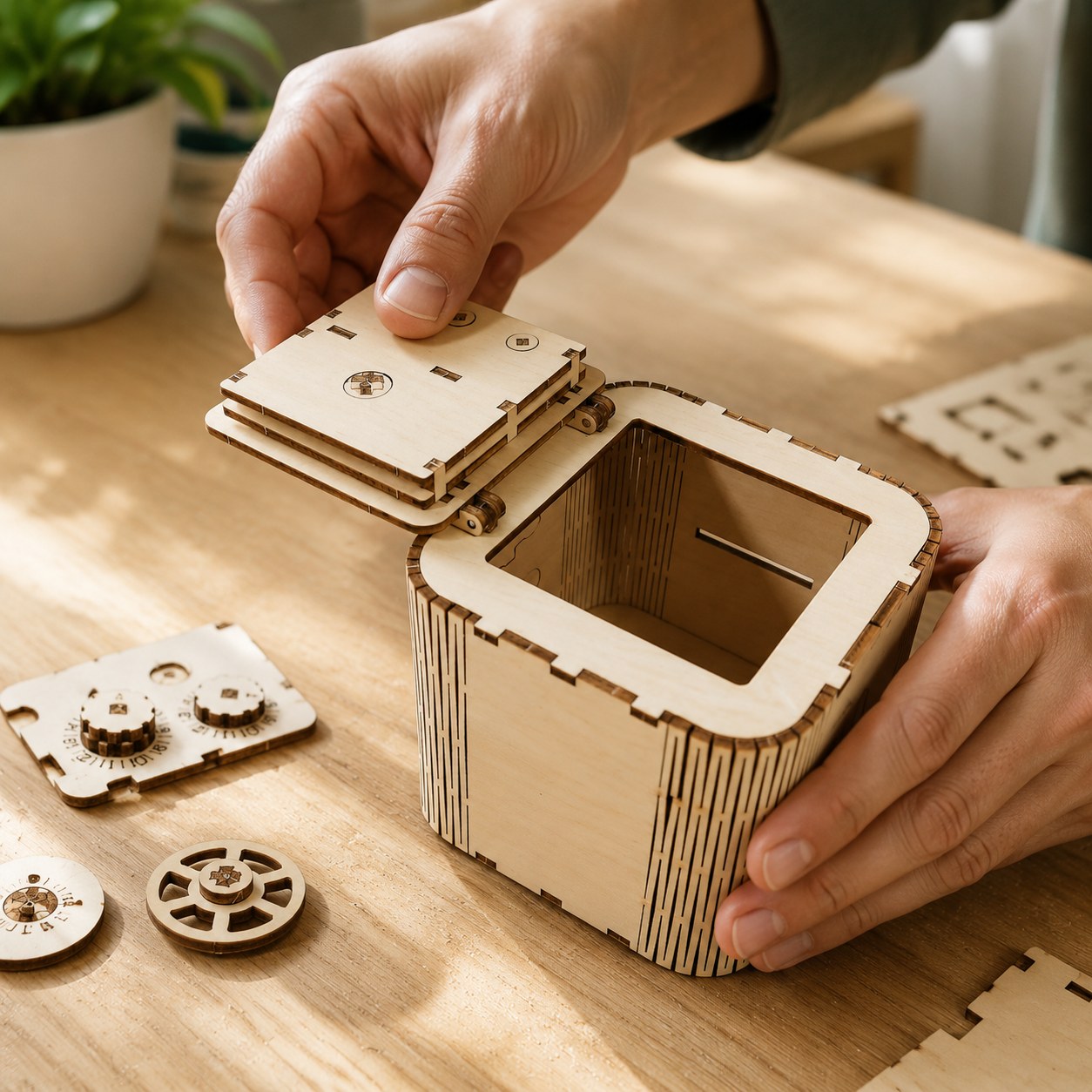 Hands assembling the wooden mechanical safe puzzle on a workbench