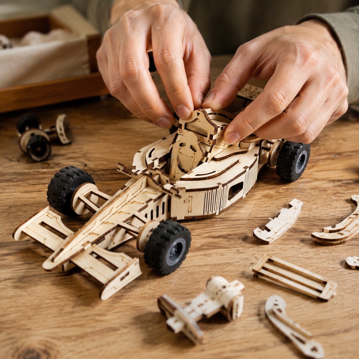 Adult hands assembling the wooden race car model kit on a clean workbench.