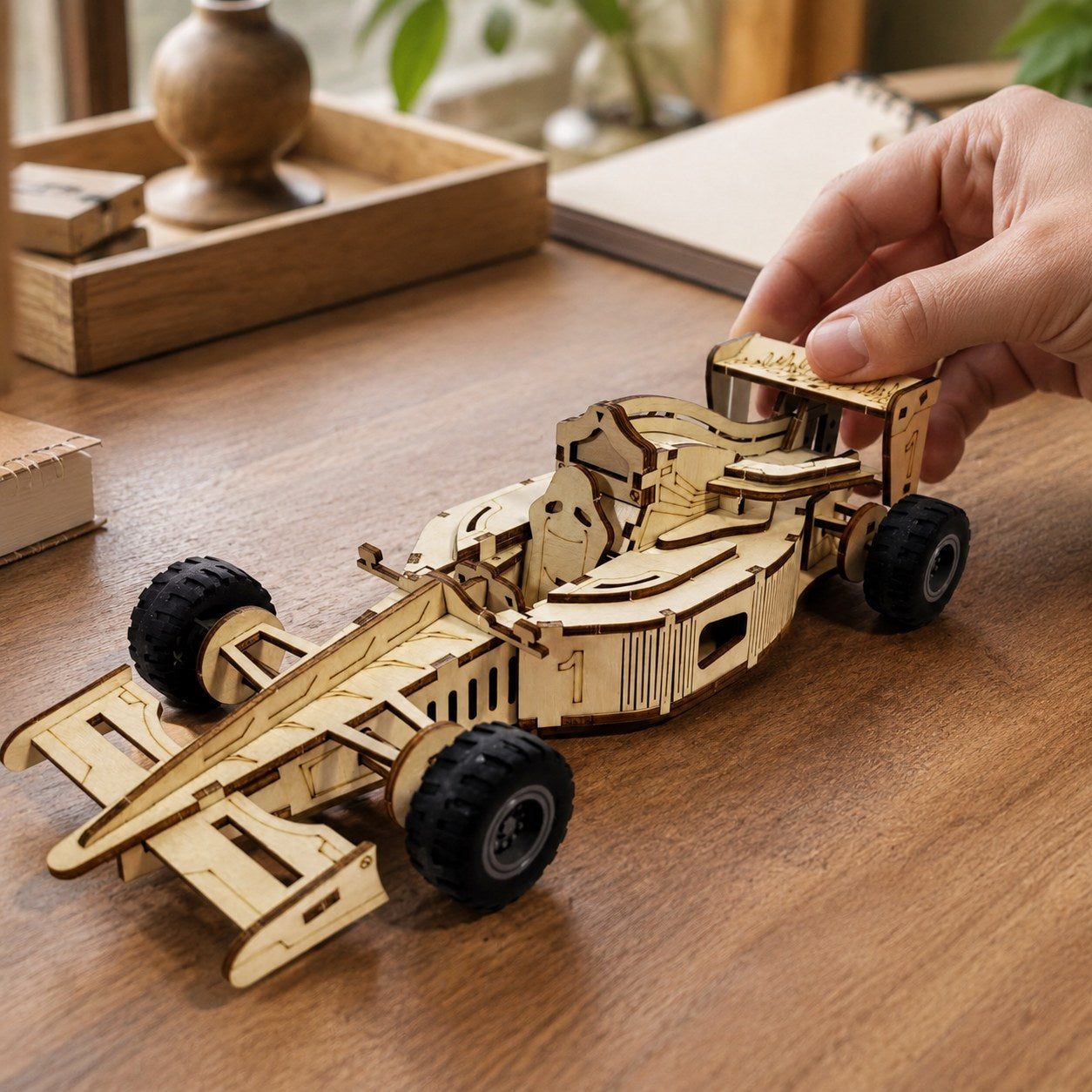 Adult hand resting next to the finished wooden race car model to show its actual 10.43-inch length.