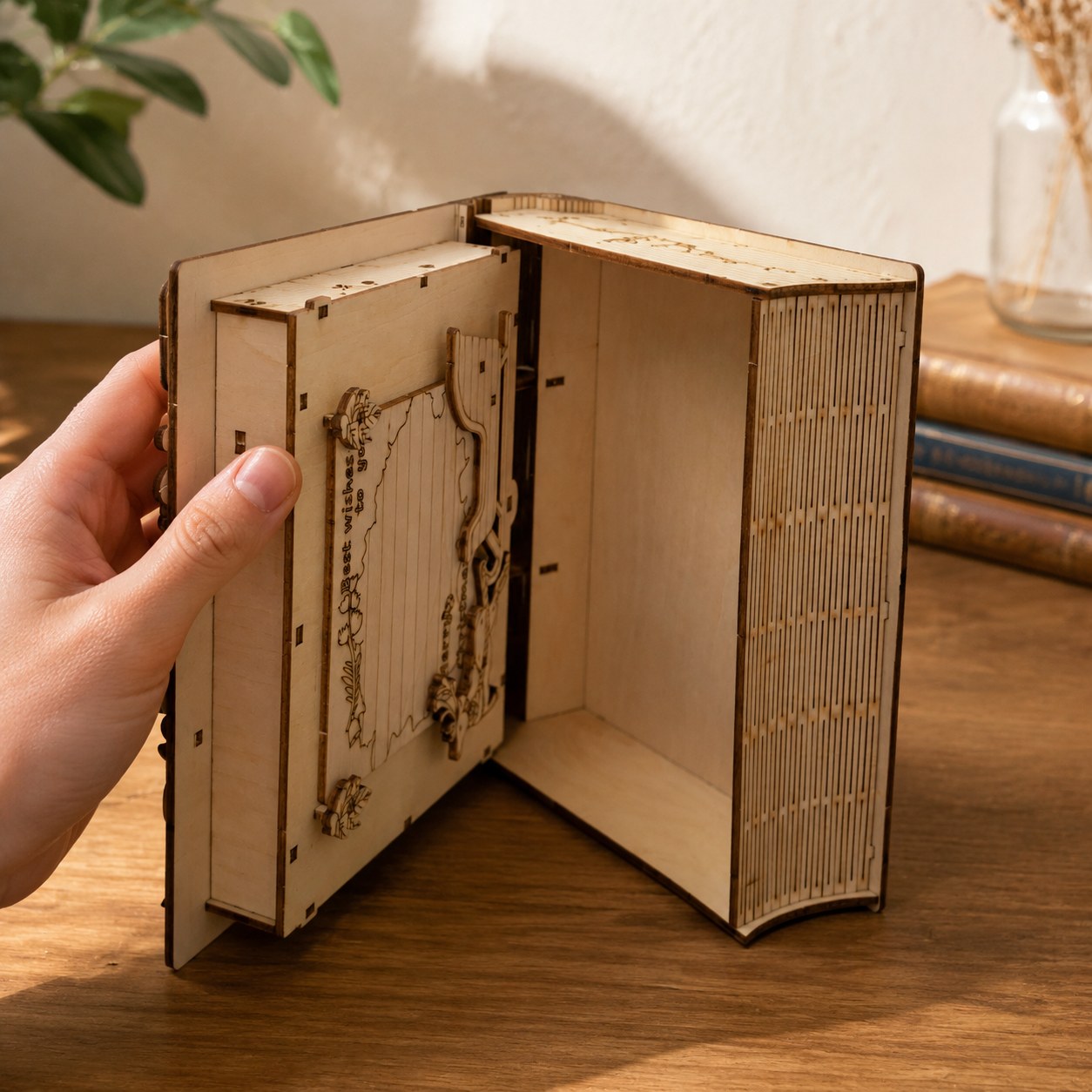 Hand opening the wooden book box to reveal hidden storage