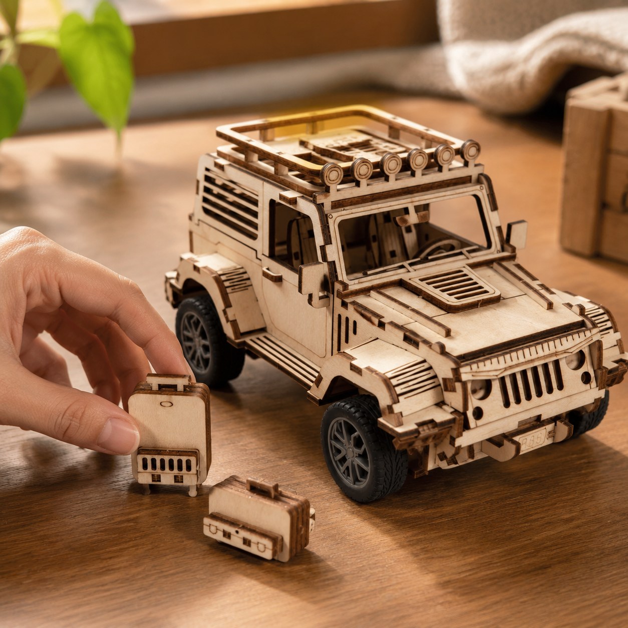 Hand placing miniature wooden luggage next to the 4x4 model for scale