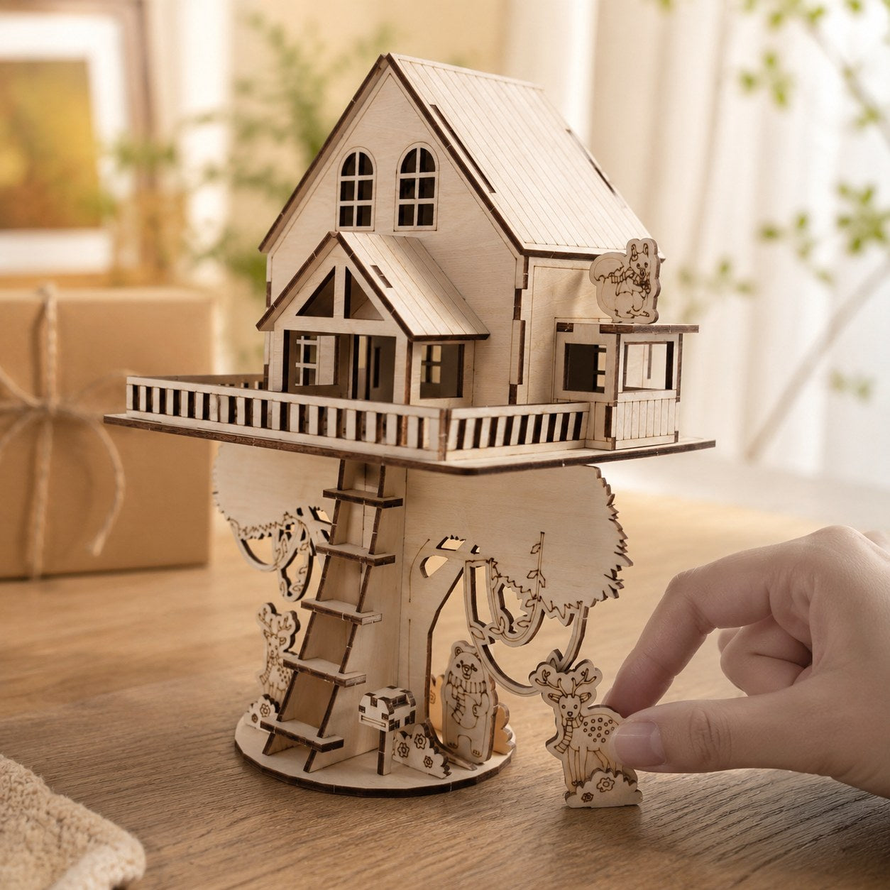 Hand next to the finished wooden treehouse model for scale