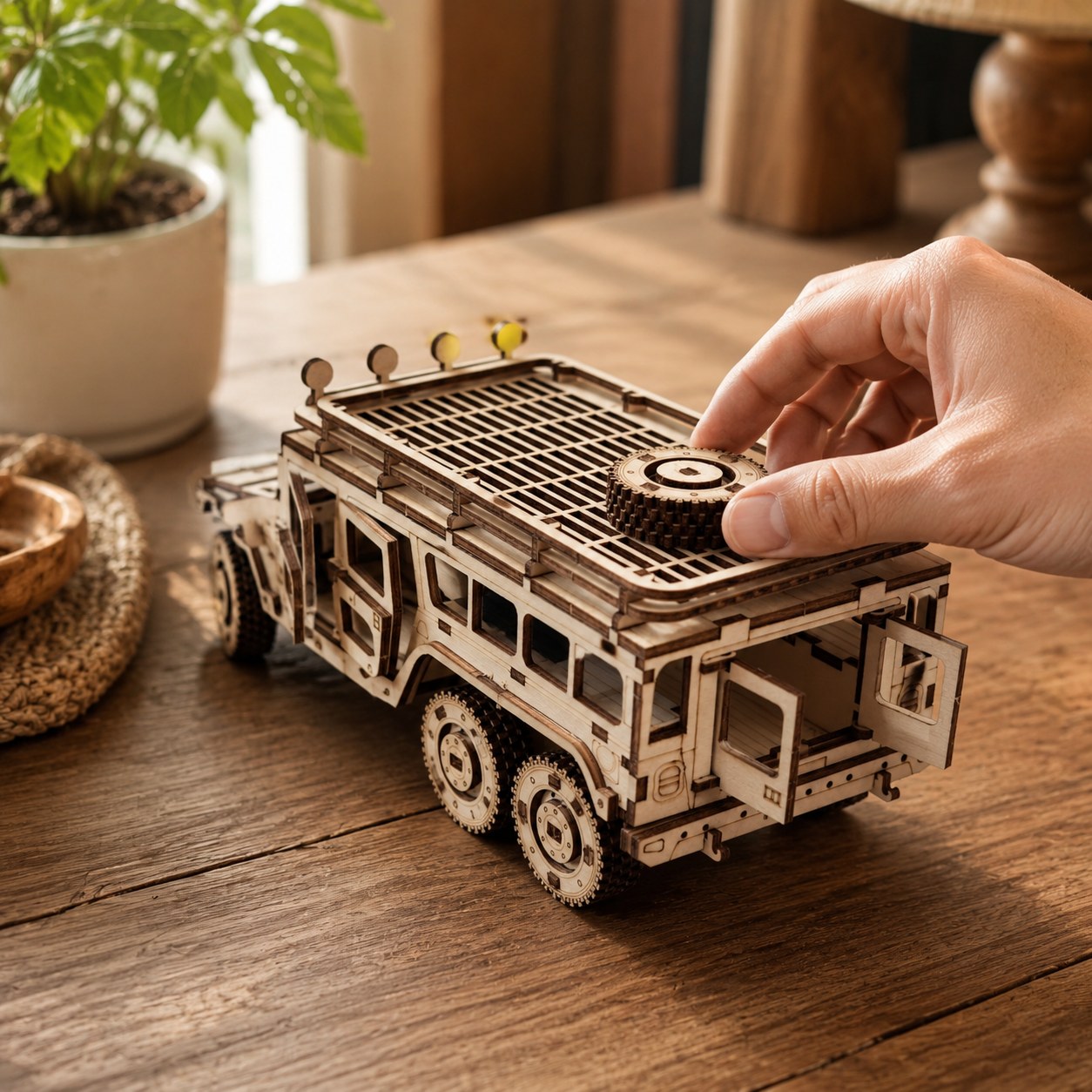 Hand adjusting the roof rack of the finished 6x6 wooden truck model