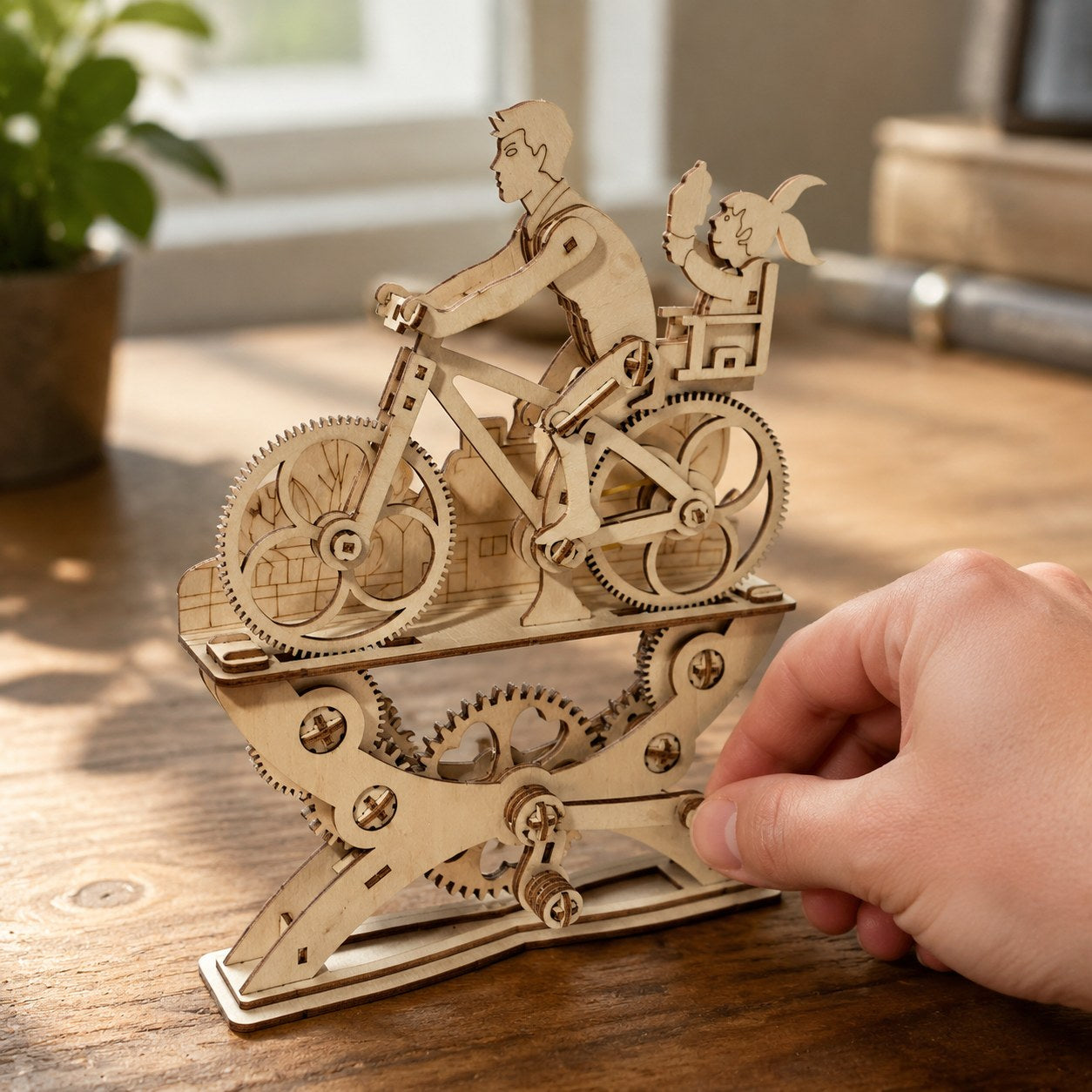 Hand turning the crank of the assembled wooden bicycle puzzle to show scale