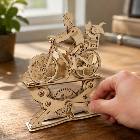 Hand turning the crank of the assembled wooden bicycle puzzle to show scale