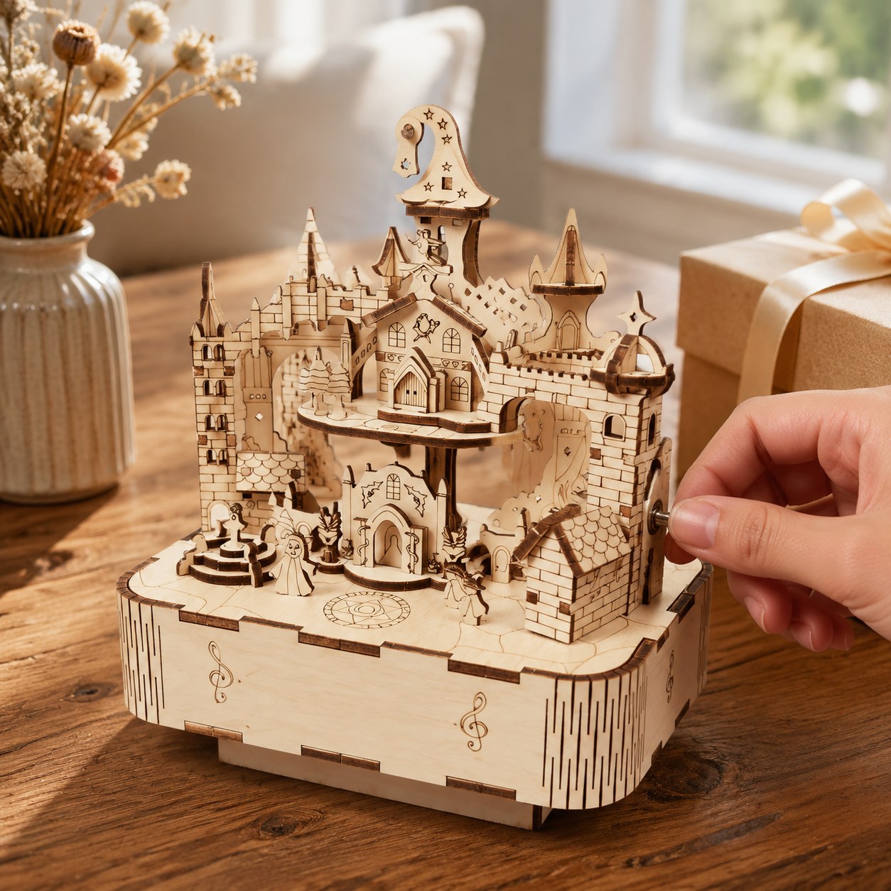 Hand winding the mechanical music box base of the wooden puzzle