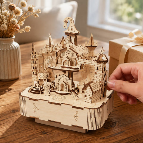 Hand winding the mechanical music box base of the wooden puzzle