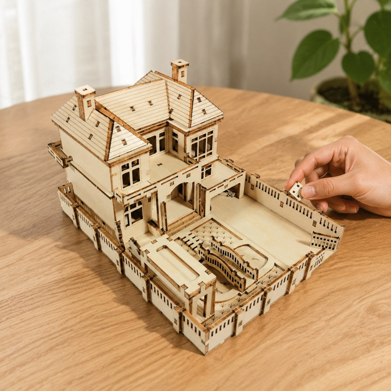 Scale view of the finished 3D wooden villa puzzle