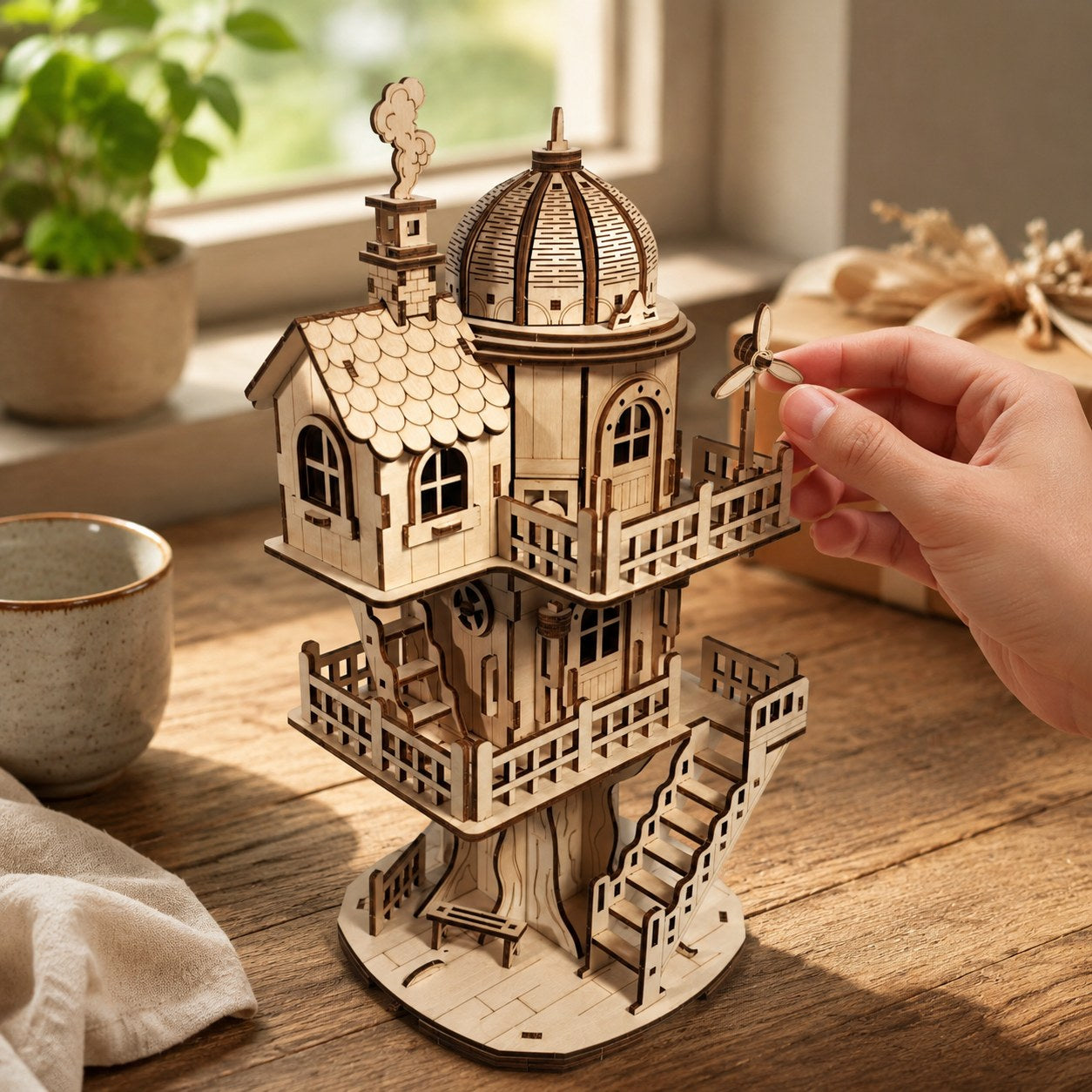 Adult hand adjusting the completed wooden treehouse model for scale