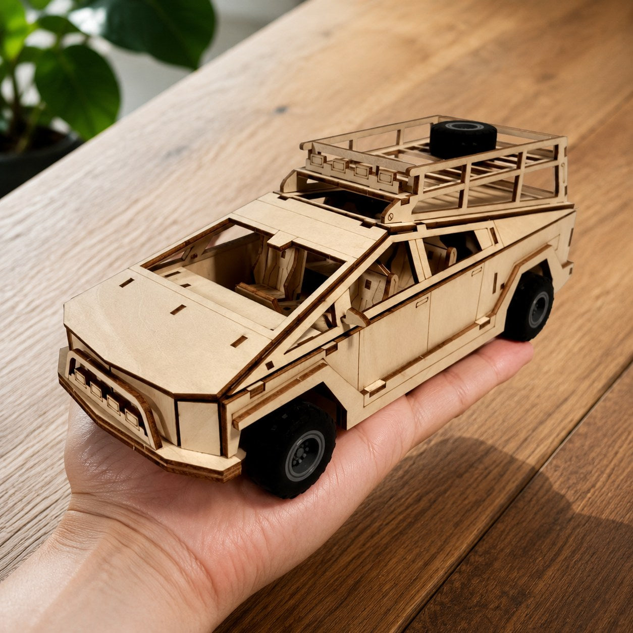 Adult hand holding the finished Futuristic Geometric Pickup 3D Wooden Puzzle to show scale