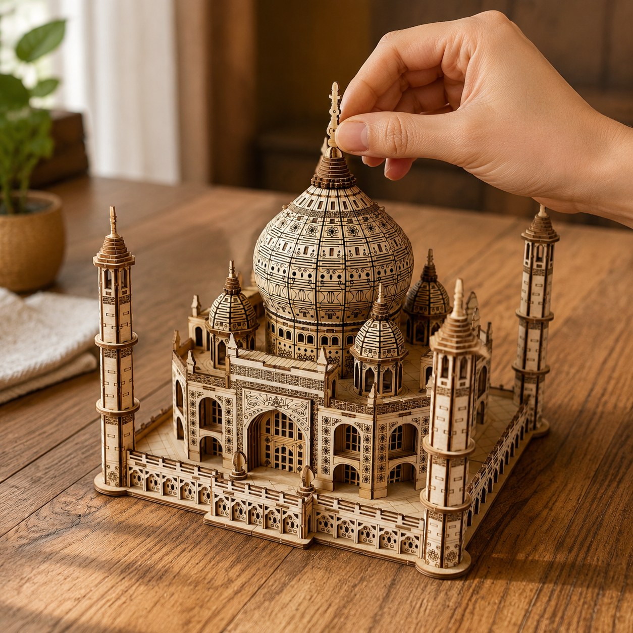 Adult hand placing a spire on the wooden Taj Mahal model to show its actual size