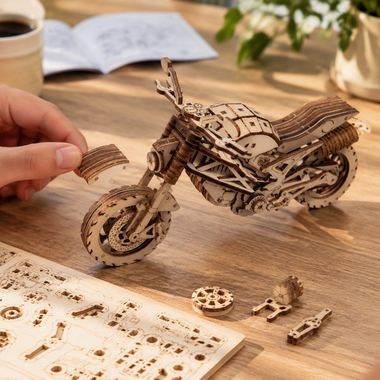 Adult hand next to the cruiser motorcycle wooden model to show scale.