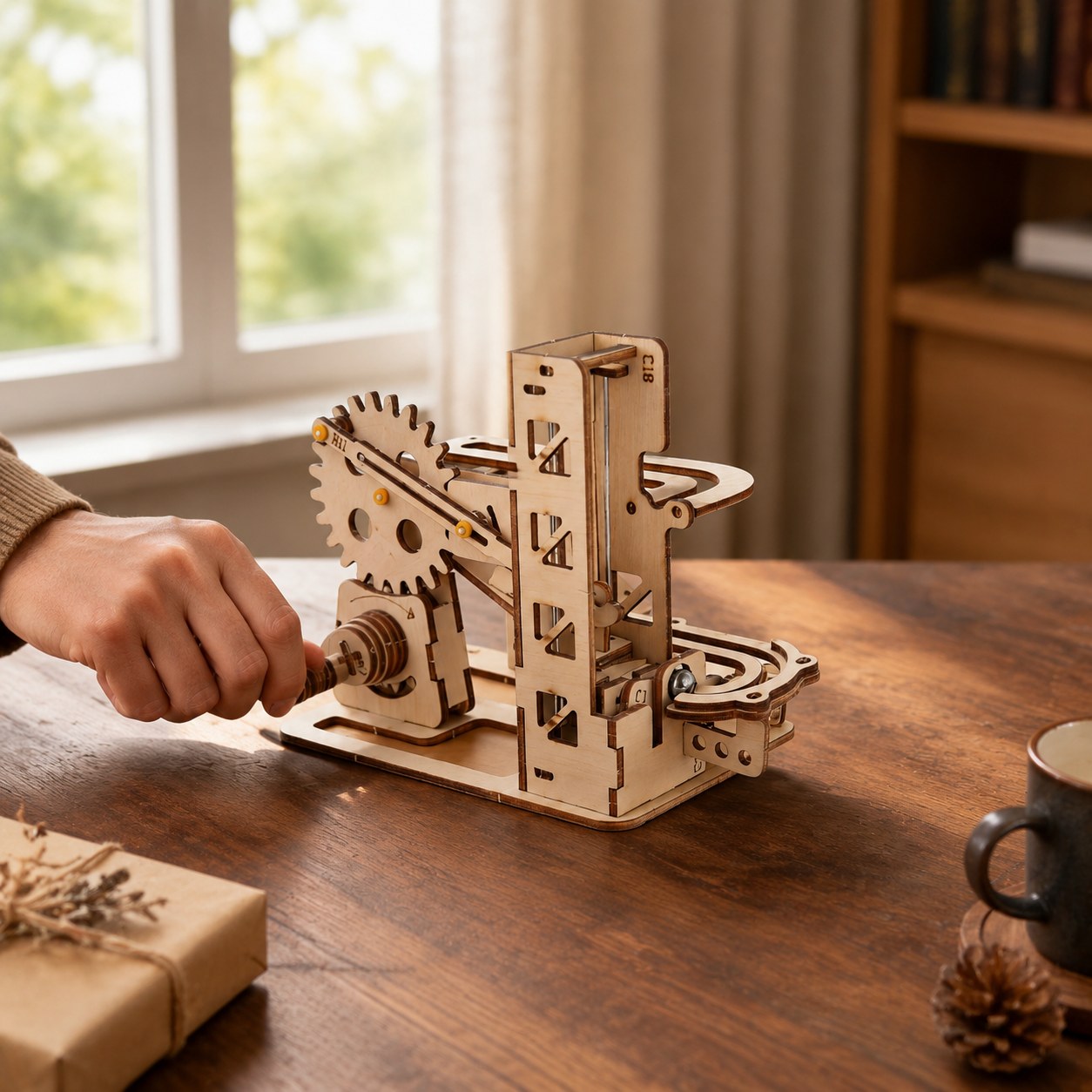 Hand turning the crank of the compact wooden marble run