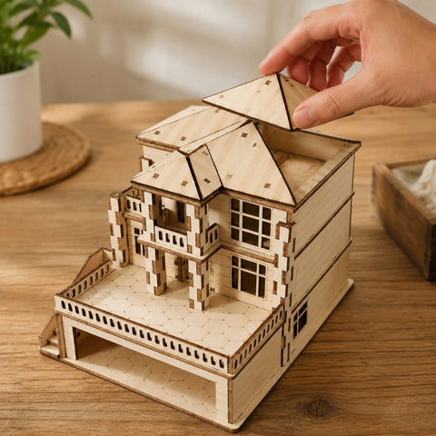 Hand adjusting the roof of the Modern Villa wooden model for scale