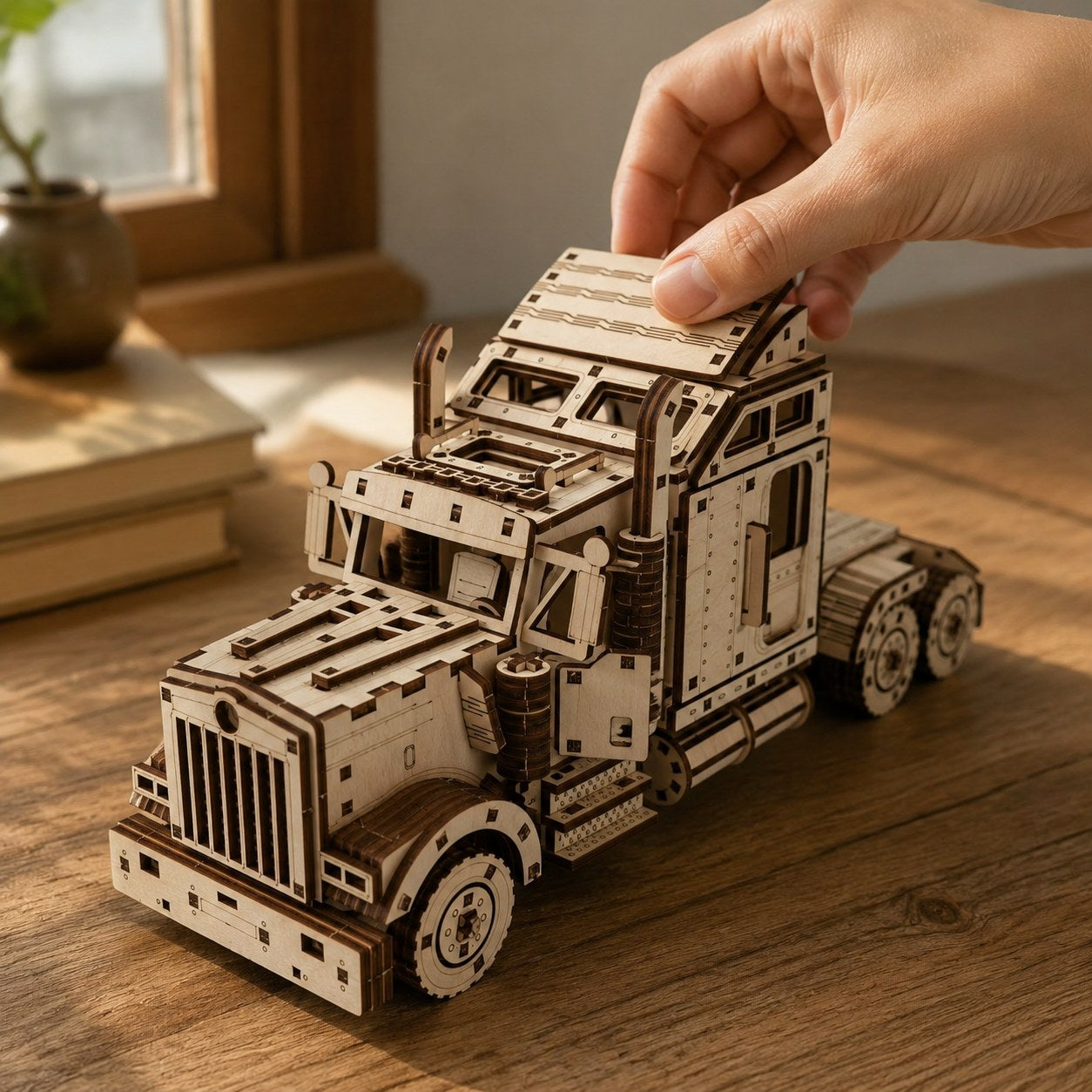 Adult hand adjusting the sleeper cab of the wooden semi-truck model to show scale