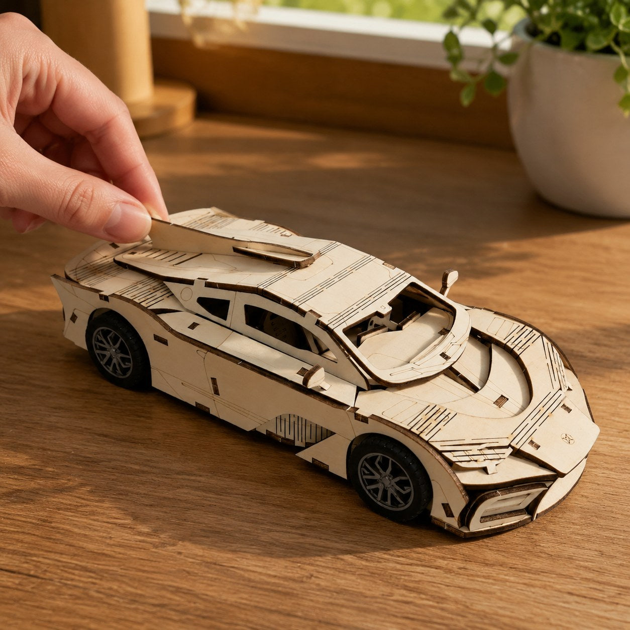 Adult hand adjusting the finished Jigden wooden hypercar to show scale