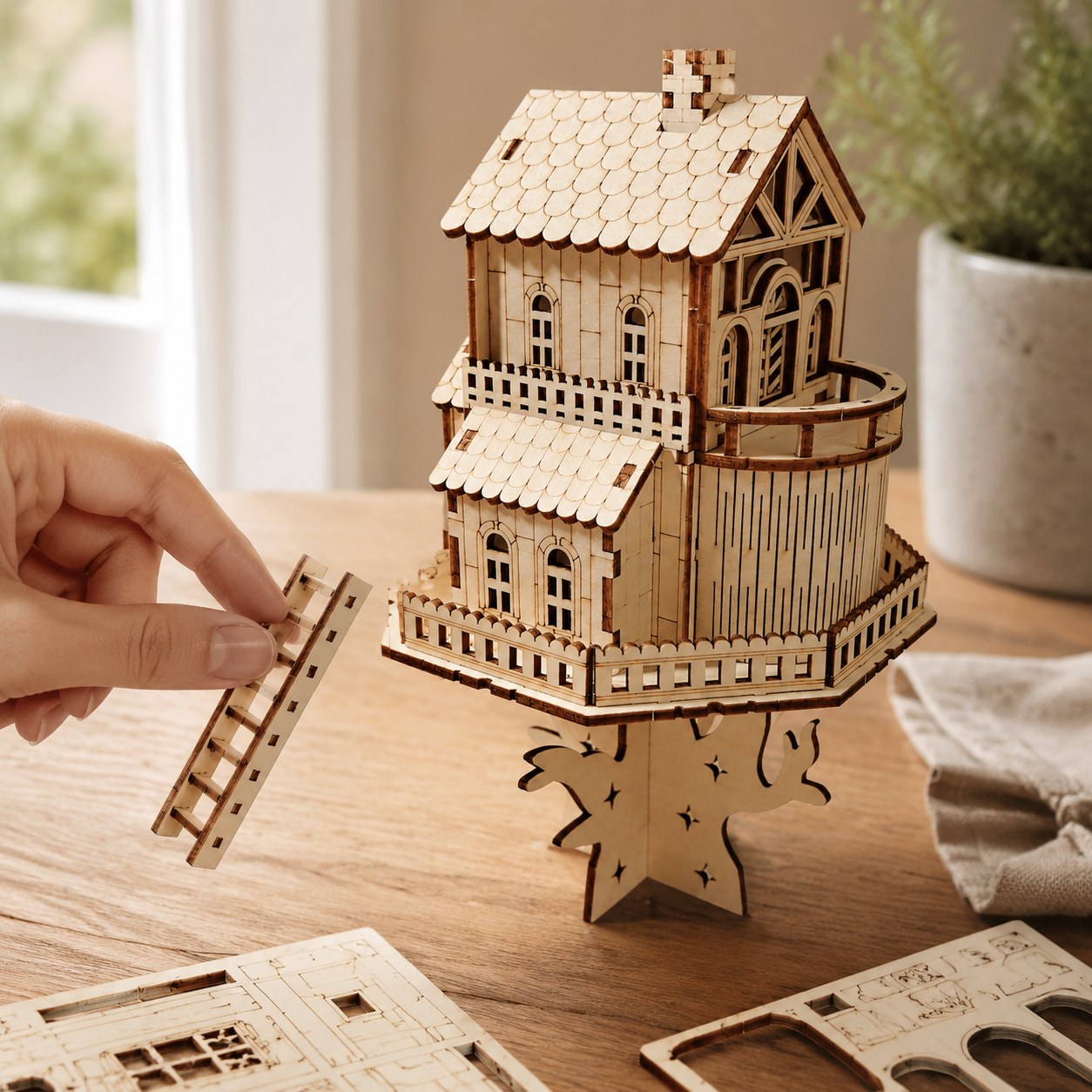 Hand next to the completed Whimsical Treehouse for scale