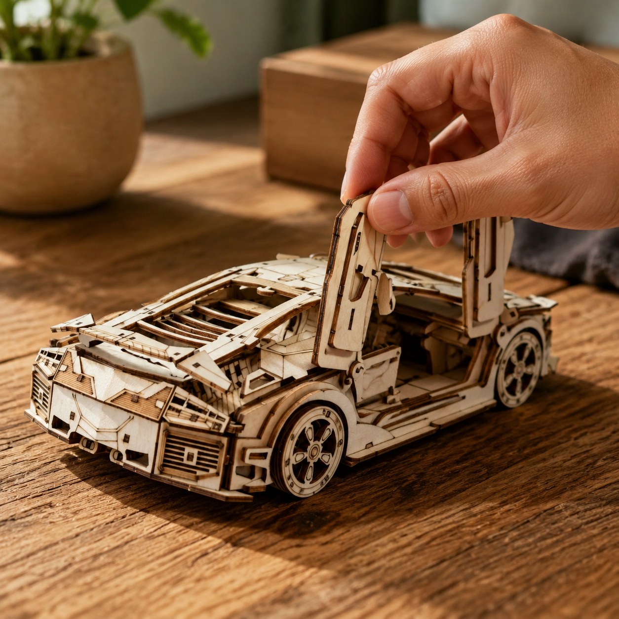 Hand opening the scissor door of the wooden supercar model
