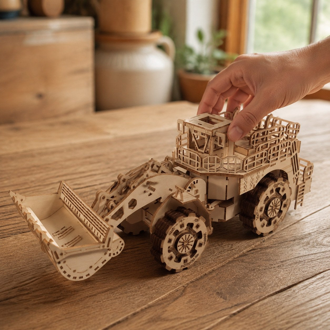 Adult hand next to the finished wooden bulldozer model