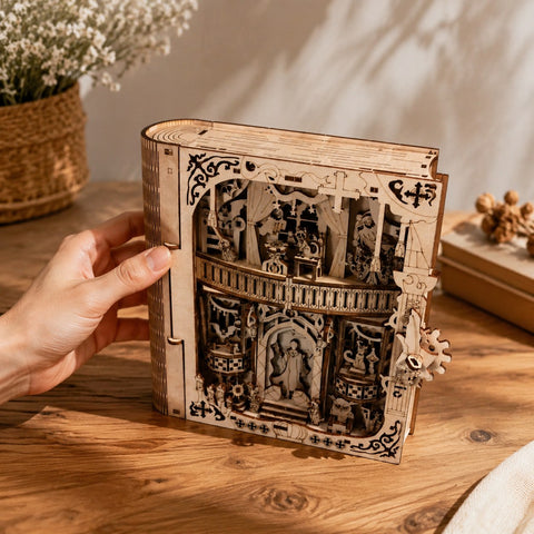 Hand opening the secret storage compartment of the wooden book box