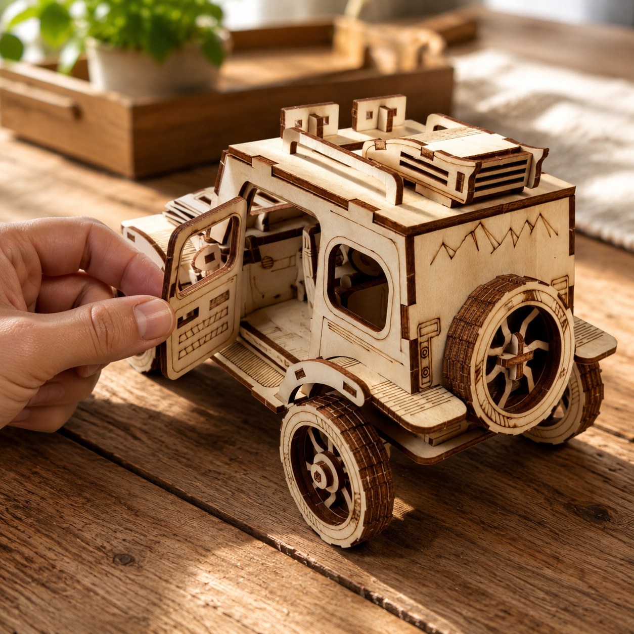 Adult hand opening the door of the finished 3D wooden 4x4 vehicle to show scale.
