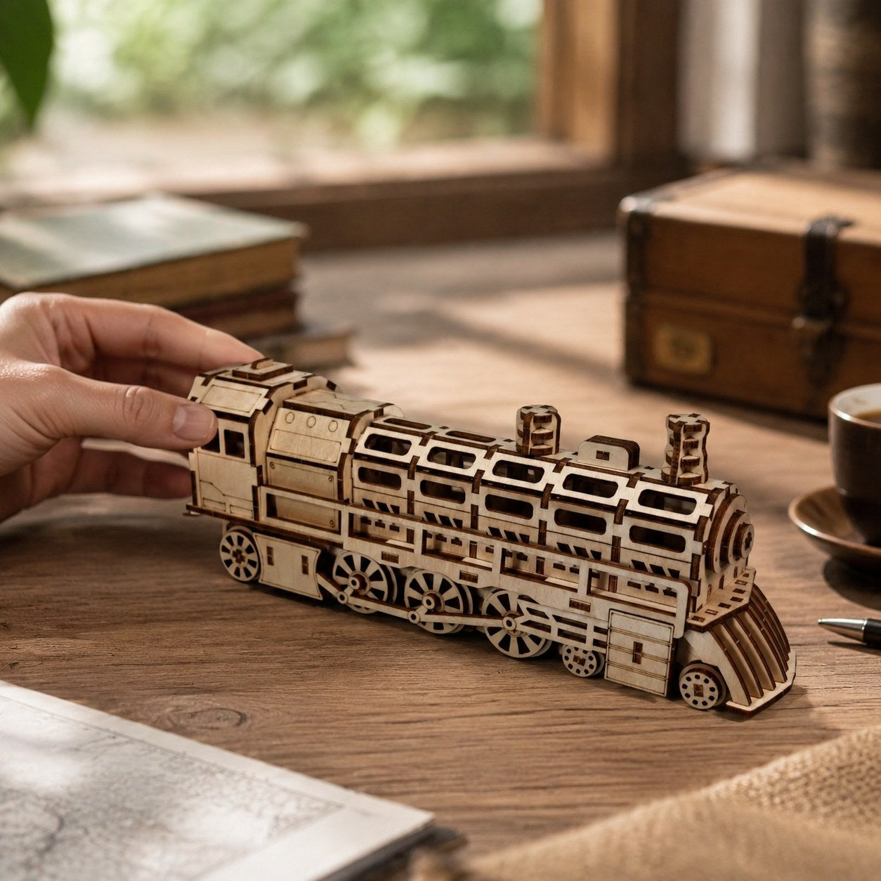 Hand adjusting a completed wooden train model to show scale